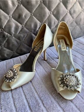 Badgley Mischka Lacie Bridal Pumps - Ivory Satin Crystal Brooch Heel